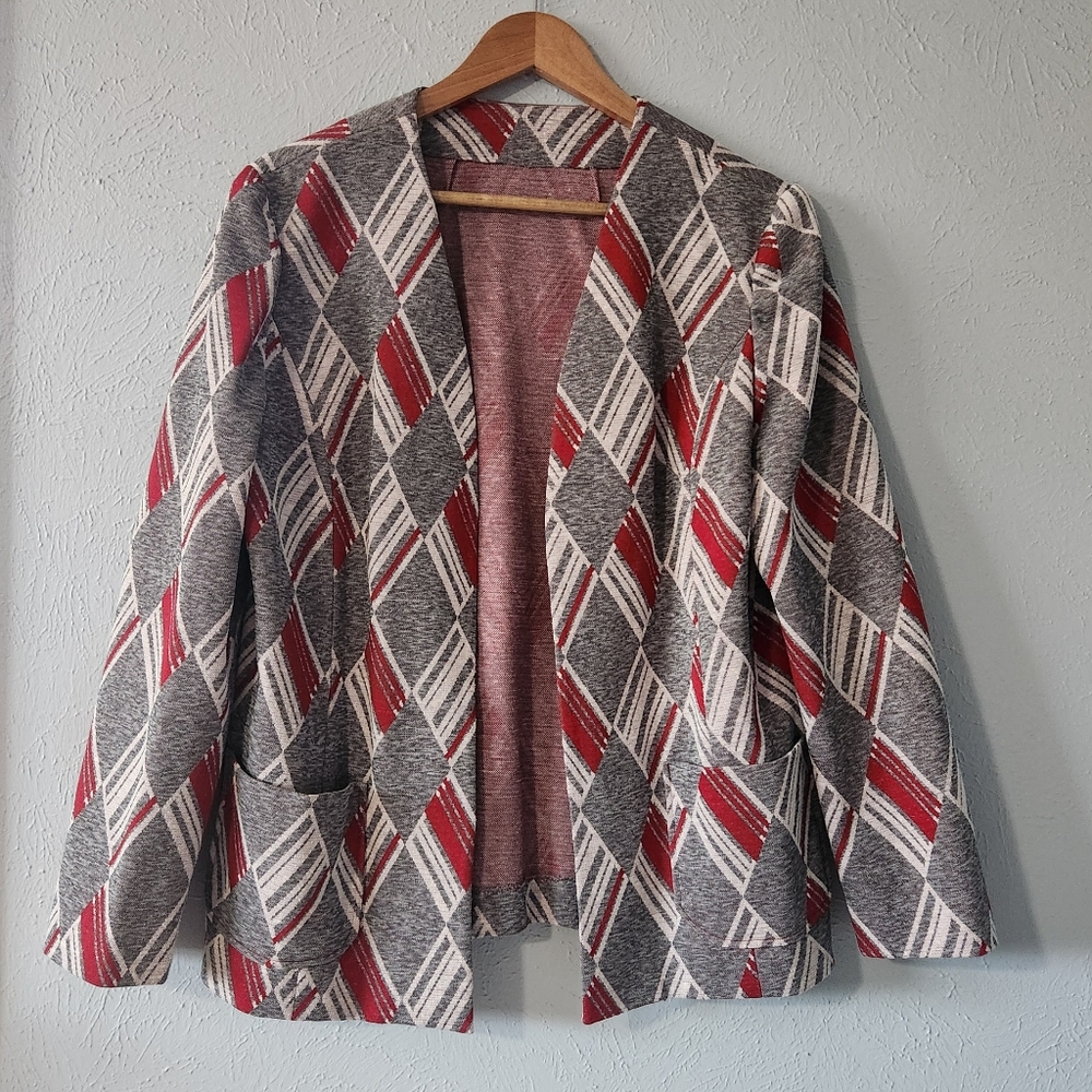 Vintage 70s Geometric Knit Open Front Blazer Pockets